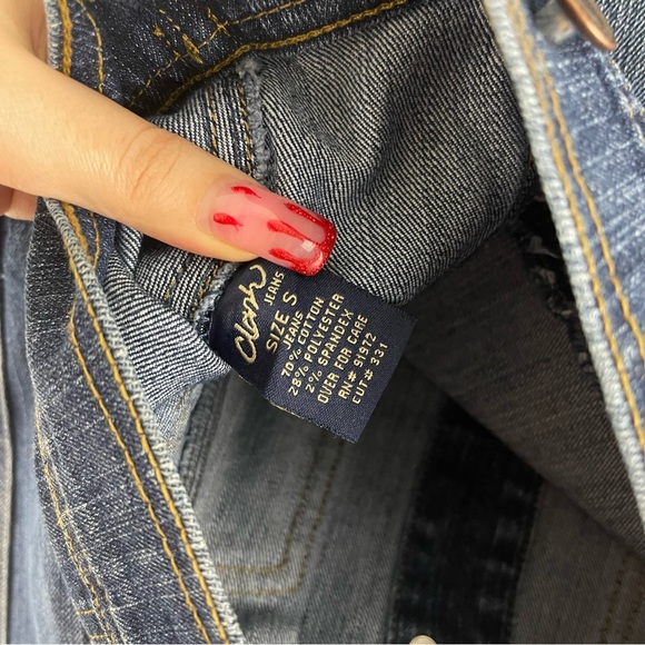 CLASH Vintage Y2K Blue Denim Green Brown Camo Rhinestone Cropped Jean Jacket - Picture 8 of 9